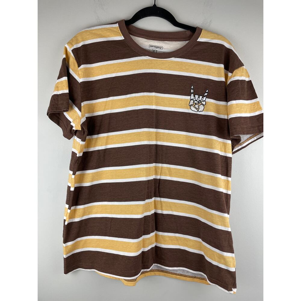 Samegang Striped Graphic T-Shirt XL Earth Tone Brown Yellow Skeleton Hand EUC